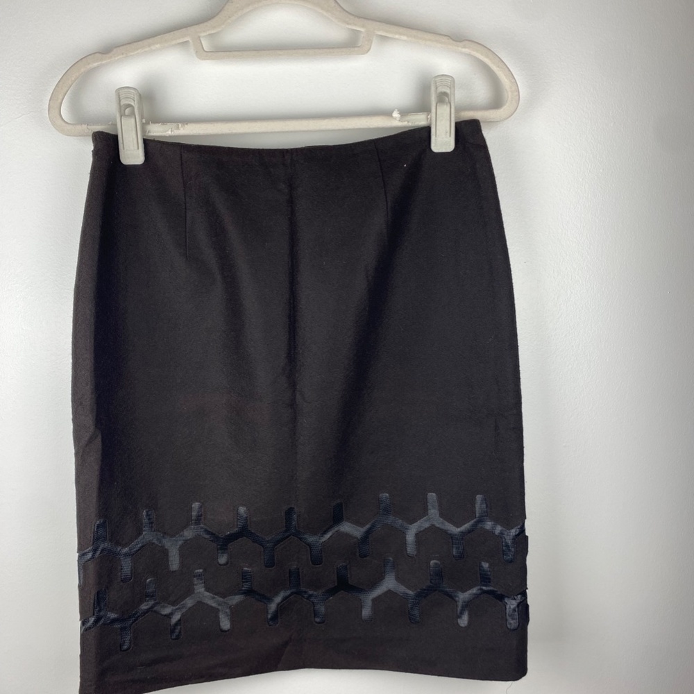 W BY WORTH BROWN WOOL PENCIL SKIRT WITH FAUX SNAKE LEATHER DETAILS US 4
